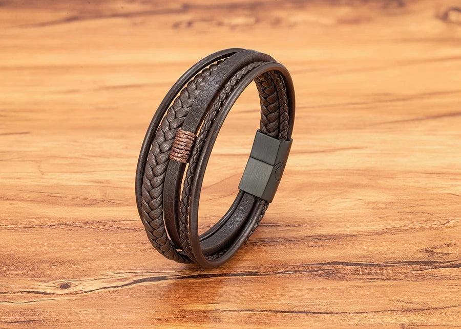 Luxury Fashion Hand-Woven Leather Bracelet - Multilayer Stainless Steel Magnetic Buckle Party Jewelry Gift.