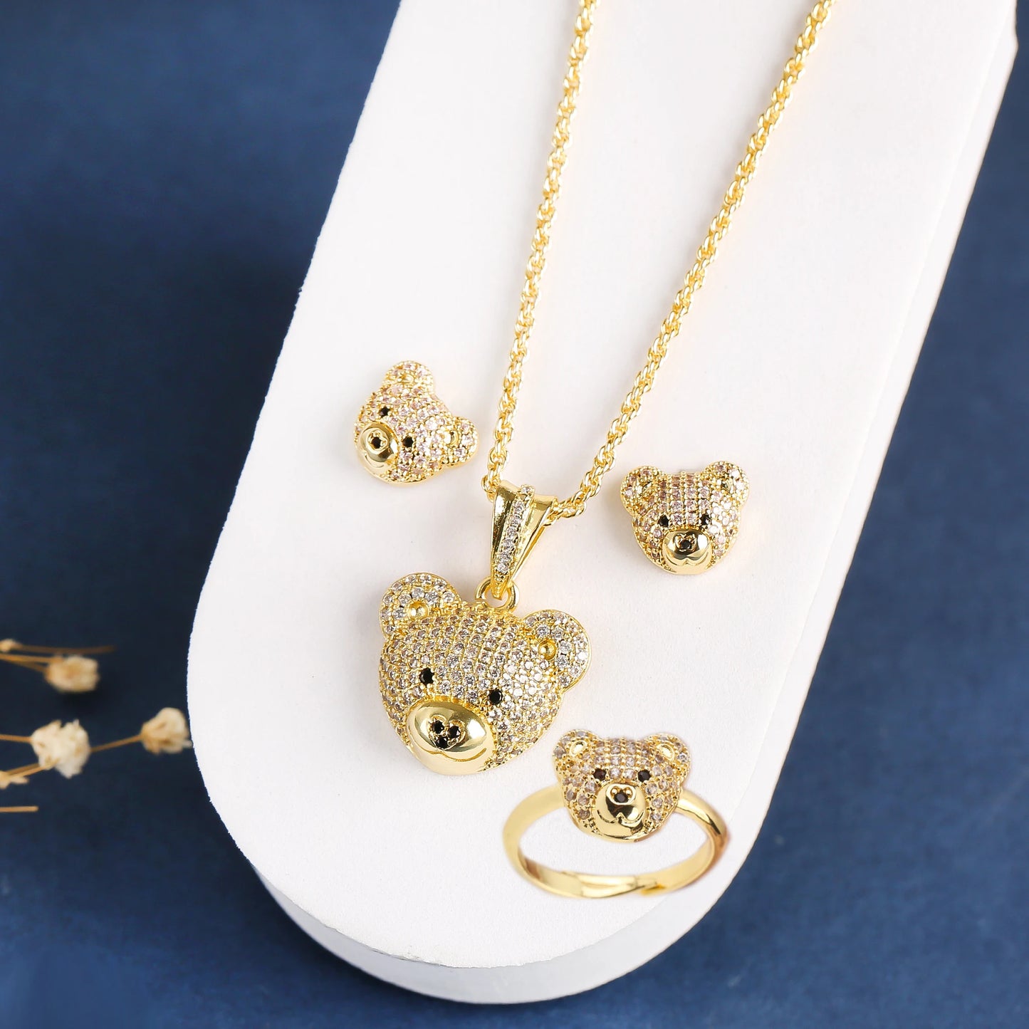 ✨ 3pcs Sparkling Bear Jewelry Set for Girls – Cubic Zirconia Necklace, Earrings & Ring | Cute Accessories for Kids & Teens!