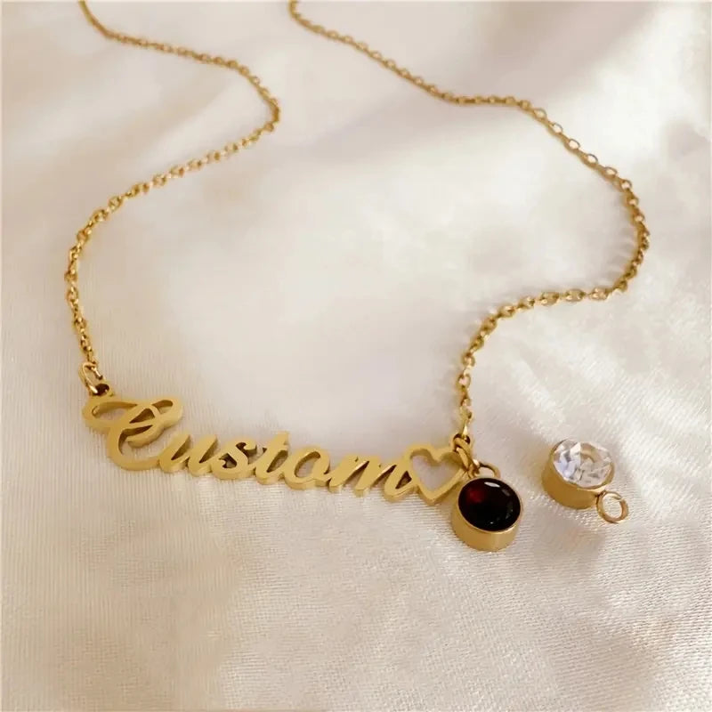 Elegant Custom Name Necklace for Girls – Personalized Letter Pendant with Birthstone, 18K Gold Plated Stainless Steel Jewellery!