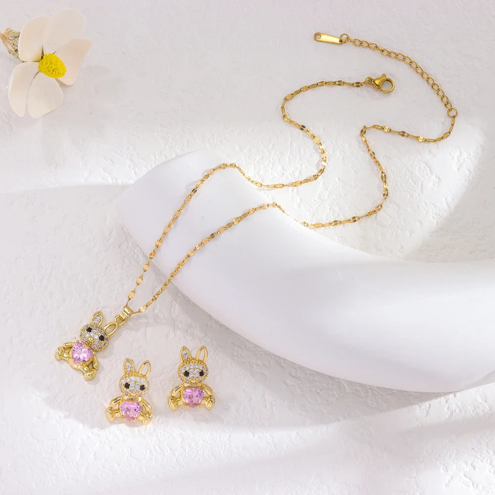 Sweet Pink Rabbit Crystal Jewelry Set for Girls 🩷 | 18K Gold Plated Stainless Steel Necklace & Earrings | Luxury Pink Zircon Bunny Gift 🎁✨