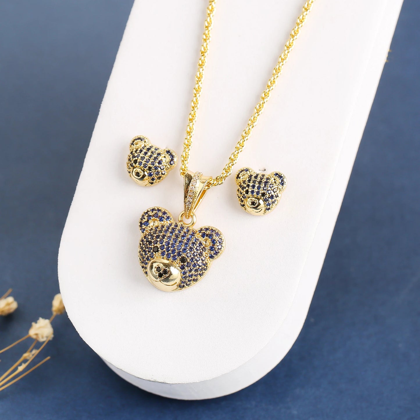 ✨ 3pcs Sparkling Bear Jewelry Set for Girls – Cubic Zirconia Necklace, Earrings & Ring | Cute Accessories for Kids & Teens!
