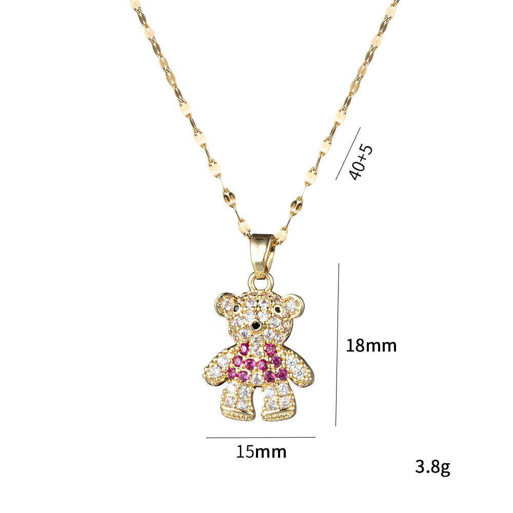 Cute Zircon Bear Pendant Necklace for Girls 💖 | Stainless Steel Jewelry Gift.