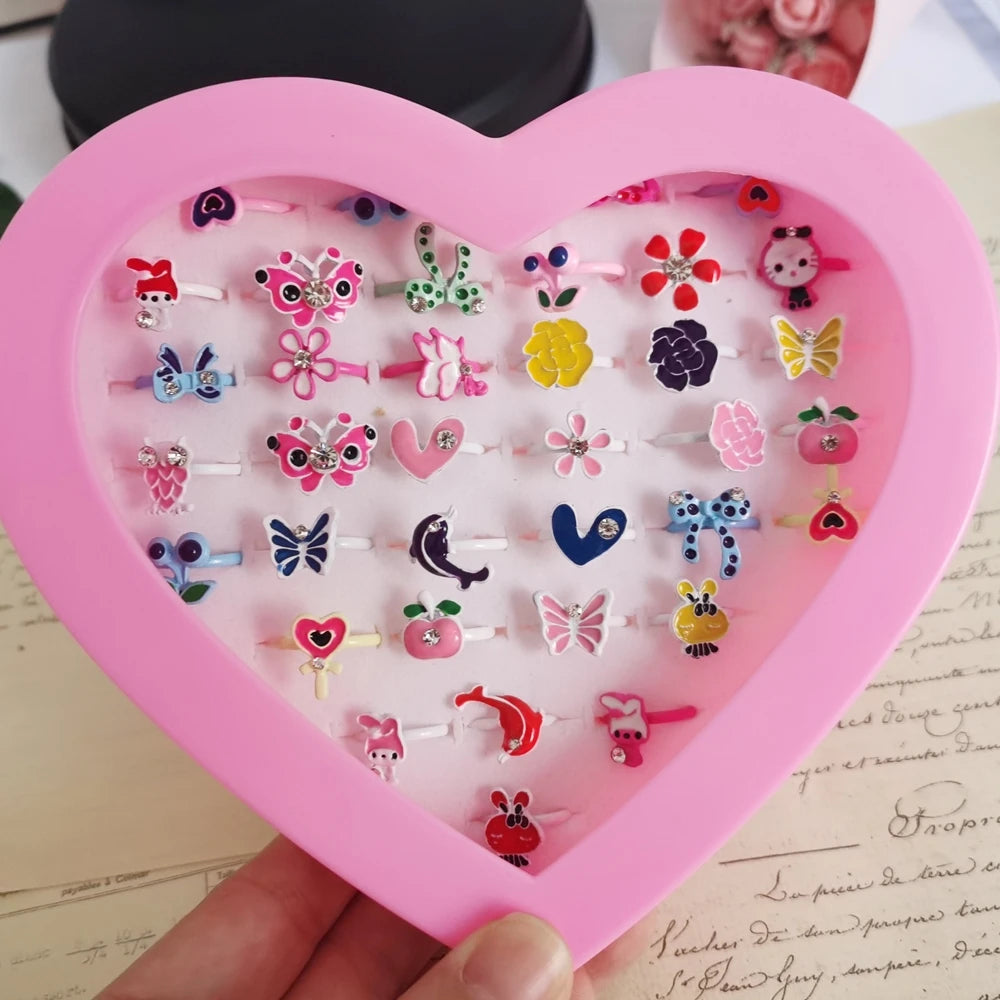 💖 36Pcs Princess Rings Set – Adjustable Crystal Flower Alloy Rings for Girls in Jewelry Gift Box 🎁 | Dress-Up Accessories