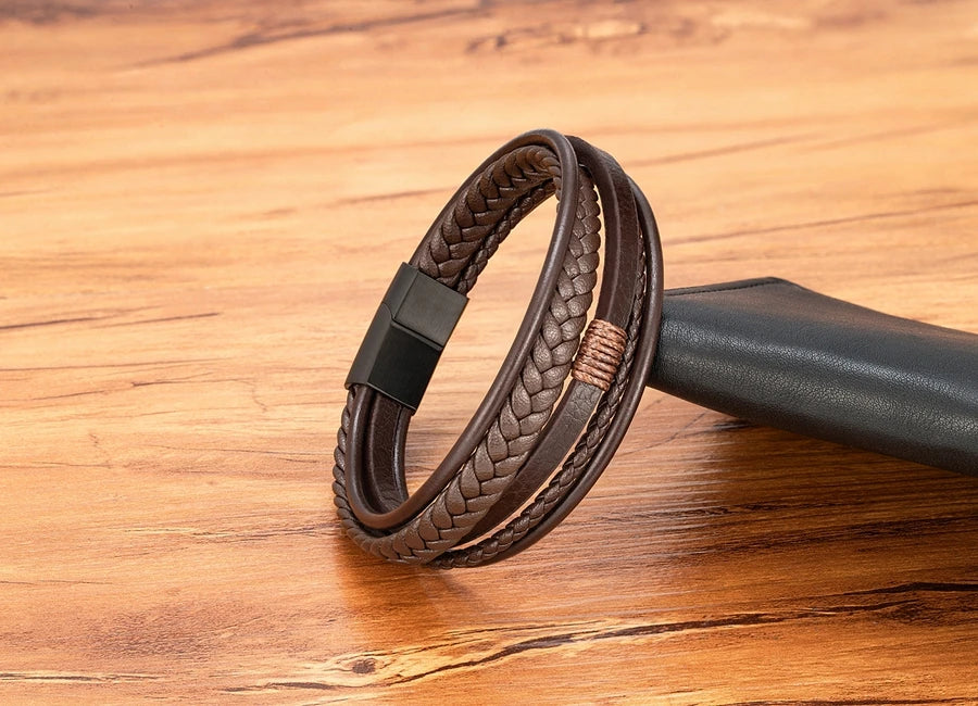 Luxury Fashion Hand-Woven Leather Bracelet - Multilayer Stainless Steel Magnetic Buckle Party Jewelry Gift.