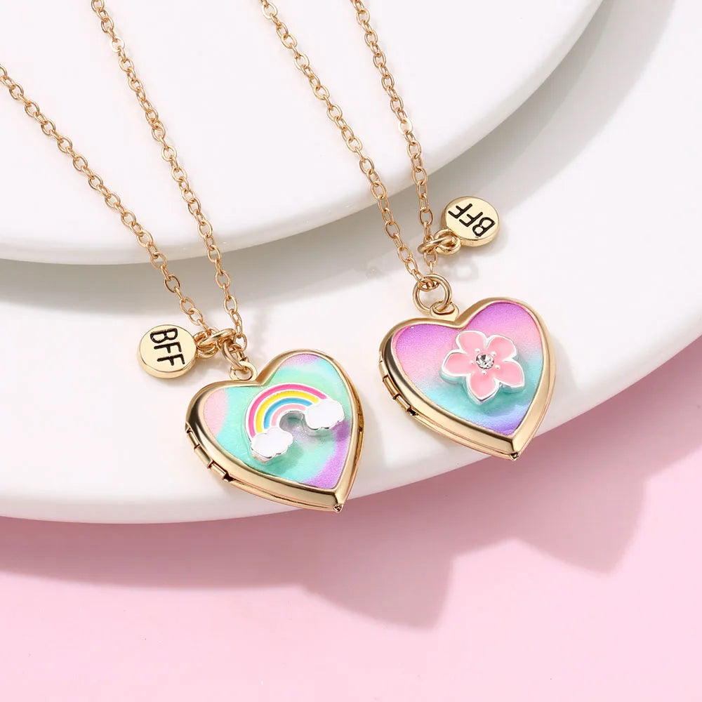 2Pcs BFF Heart Locket Necklace Set | Rainbow & Flower Friendship Necklace for Girls Photo Keepsake!