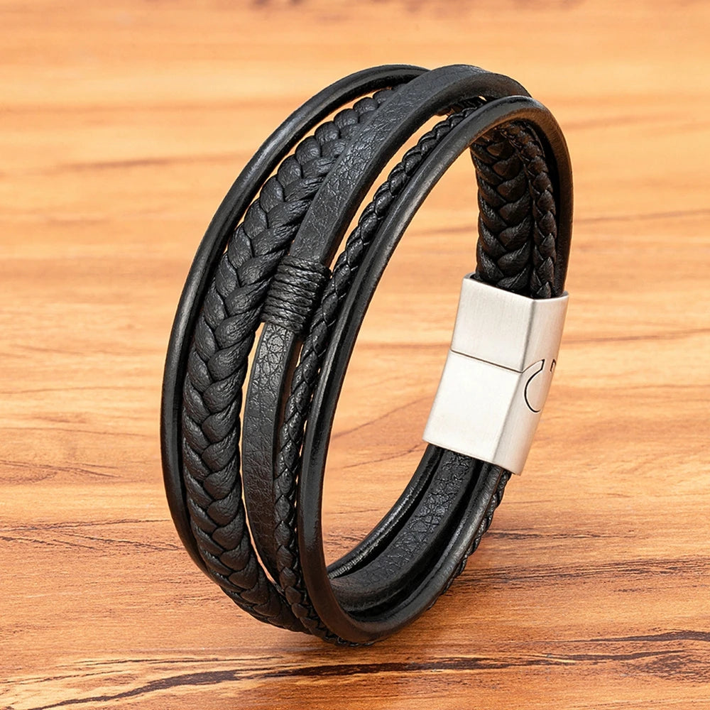 Luxury Fashion Hand-Woven Leather Bracelet - Multilayer Stainless Steel Magnetic Buckle Party Jewelry Gift.