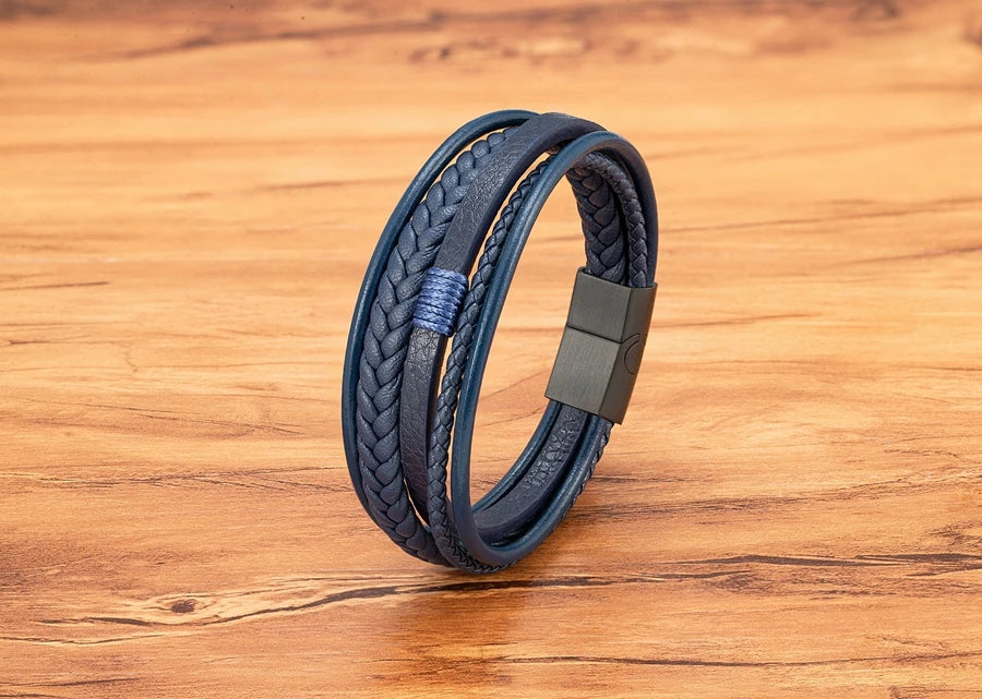 Luxury Fashion Hand-Woven Leather Bracelet - Multilayer Stainless Steel Magnetic Buckle Party Jewelry Gift.