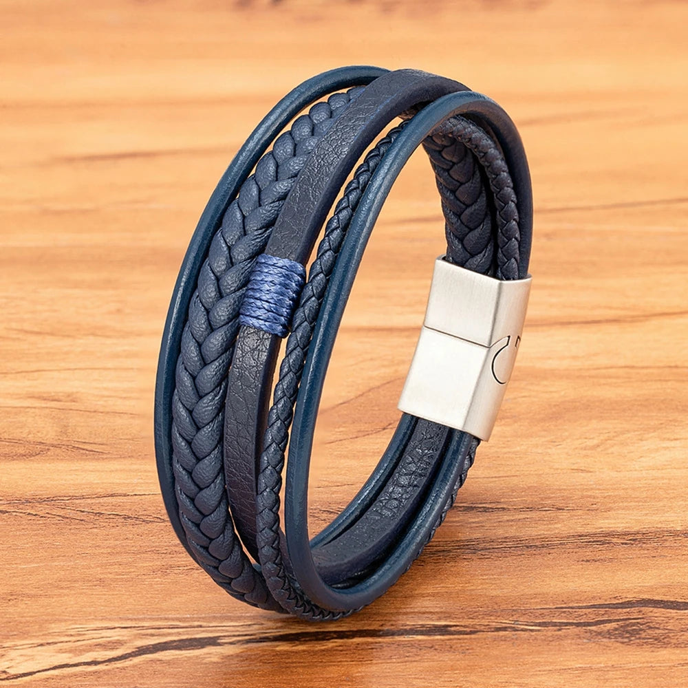 Luxury Fashion Hand-Woven Leather Bracelet - Multilayer Stainless Steel Magnetic Buckle Party Jewelry Gift.