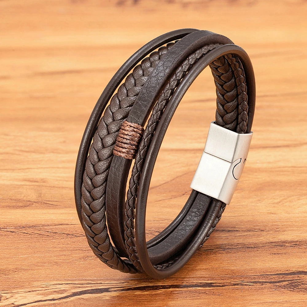 Luxury Fashion Hand-Woven Leather Bracelet - Multilayer Stainless Steel Magnetic Buckle Party Jewelry Gift.
