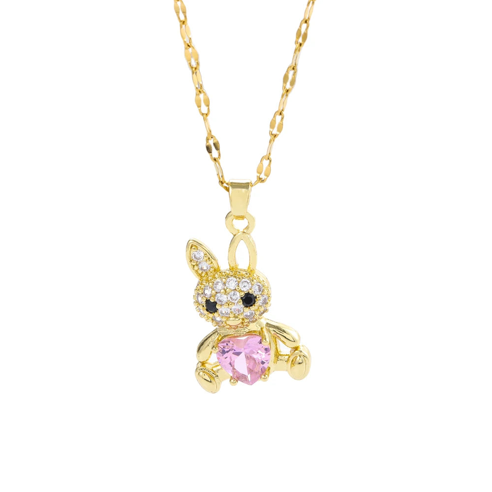 Sweet Pink Rabbit Crystal Jewelry Set for Girls 🩷 | 18K Gold Plated Stainless Steel Necklace & Earrings | Luxury Pink Zircon Bunny Gift 🎁✨