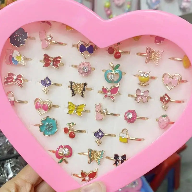 💖 36Pcs Princess Rings Set – Adjustable Crystal Flower Alloy Rings for Girls in Jewelry Gift Box 🎁 | Dress-Up Accessories
