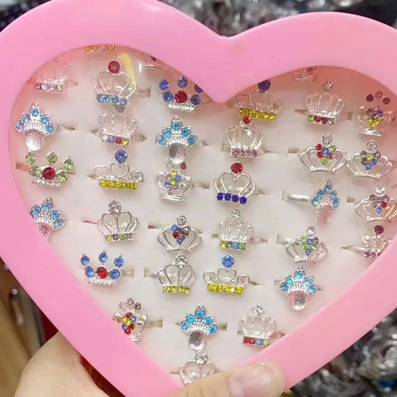 💖 36Pcs Princess Rings Set – Adjustable Crystal Flower Alloy Rings for Girls in Jewelry Gift Box 🎁 | Dress-Up Accessories
