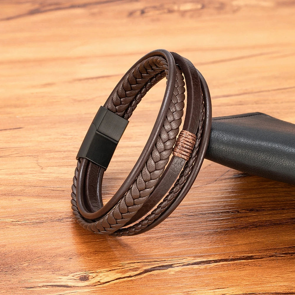 Luxury Fashion Hand-Woven Leather Bracelet - Multilayer Stainless Steel Magnetic Buckle Party Jewelry Gift.