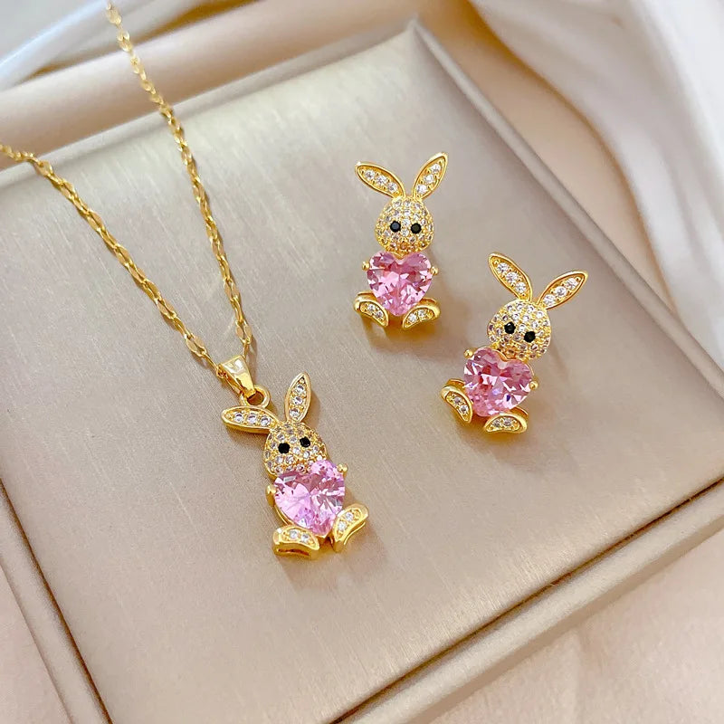 Cute Rabbit Crystal Jewelry Set for Girls 🐇 | Necklace & Earrings with Shiny Austrian Crystals | Birthday Gift Set 🎁