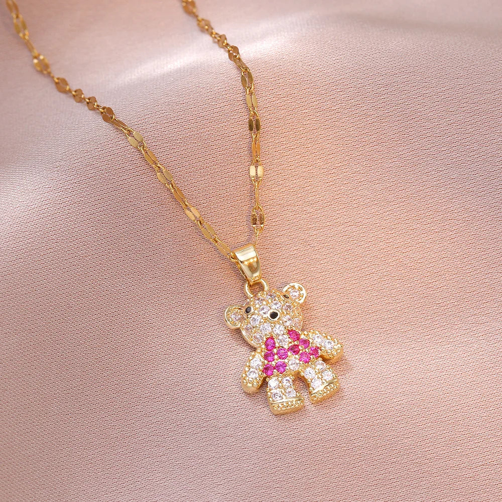Cute Zircon Bear Pendant Necklace for Girls 💖 | Stainless Steel Jewelry Gift.