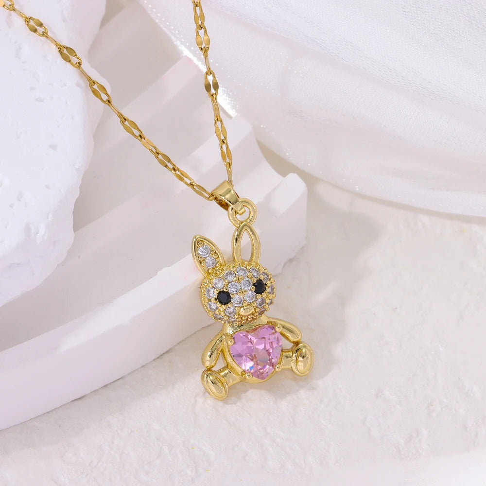 Sweet Pink Rabbit Crystal Jewelry Set for Girls 🩷 | 18K Gold Plated Stainless Steel Necklace & Earrings | Luxury Pink Zircon Bunny Gift 🎁✨
