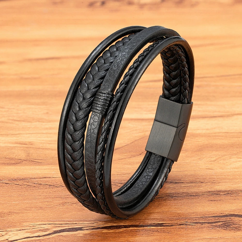 Luxury Fashion Hand-Woven Leather Bracelet - Multilayer Stainless Steel Magnetic Buckle Party Jewelry Gift.