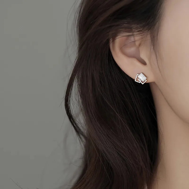 ✨ 925 Sterling Silver Square Geometric Stud Earrings – Trendy Minimalist Earrings for Women & Girls | Hypoallergenic Fashion Jewelry Gift 🎁