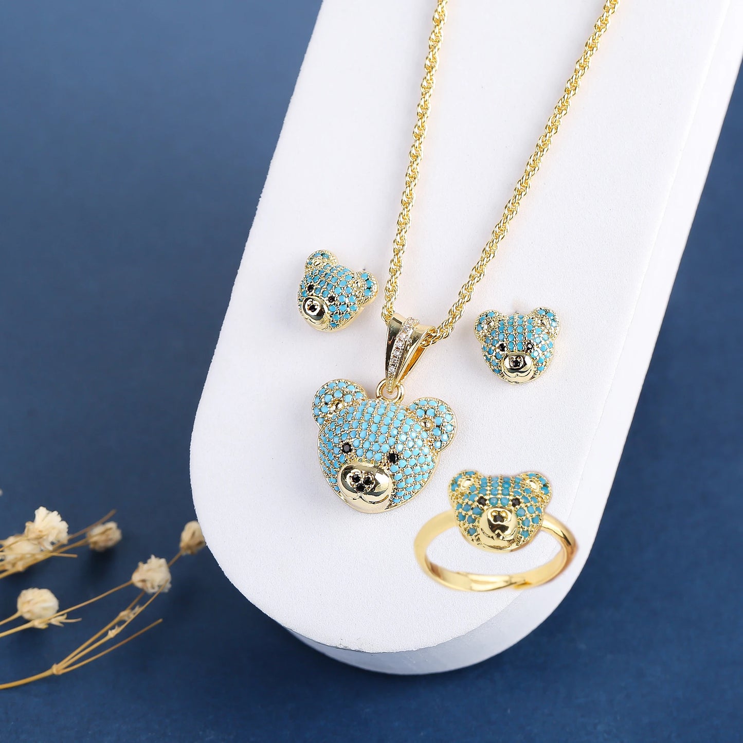 ✨ 3pcs Sparkling Bear Jewelry Set for Girls – Cubic Zirconia Necklace, Earrings & Ring | Cute Accessories for Kids & Teens!