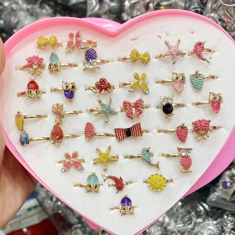 💖 36Pcs Princess Rings Set – Adjustable Crystal Flower Alloy Rings for Girls in Jewelry Gift Box 🎁 | Dress-Up Accessories