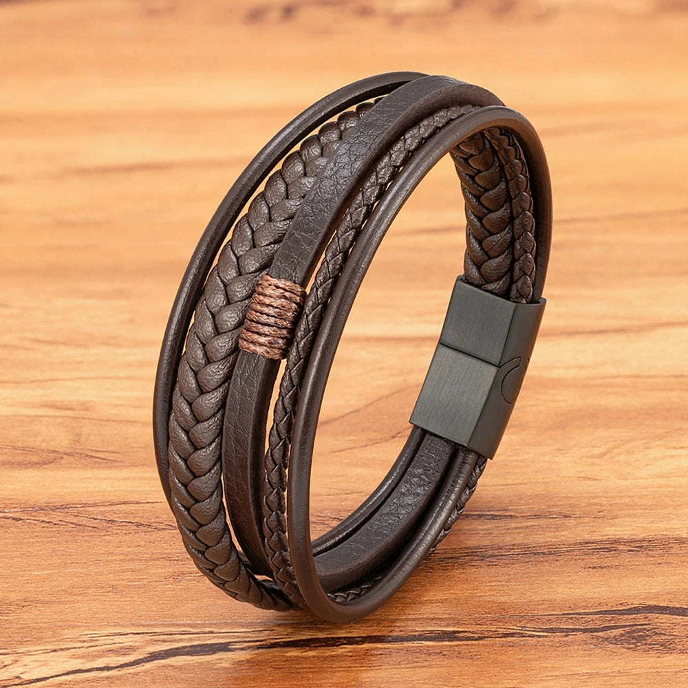 Luxury Fashion Hand-Woven Leather Bracelet - Multilayer Stainless Steel Magnetic Buckle Party Jewelry Gift.
