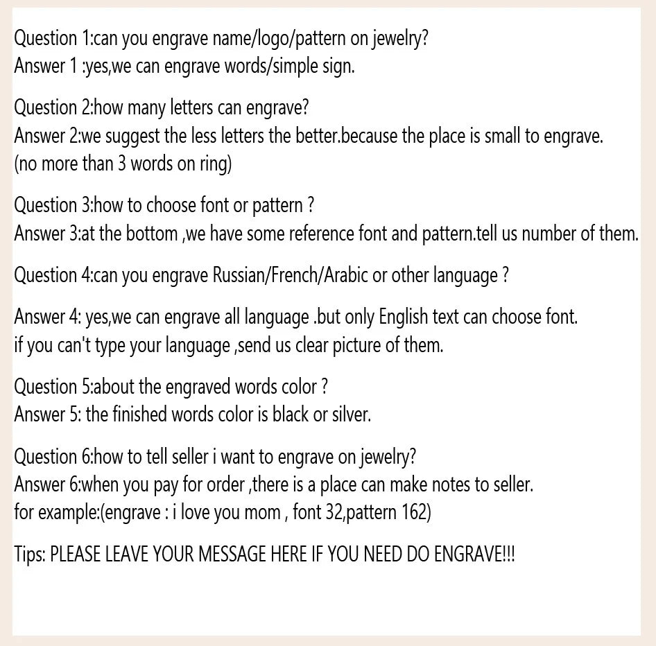 Text-based chat interface with questions and answers about engraving jewelry on a beige background.