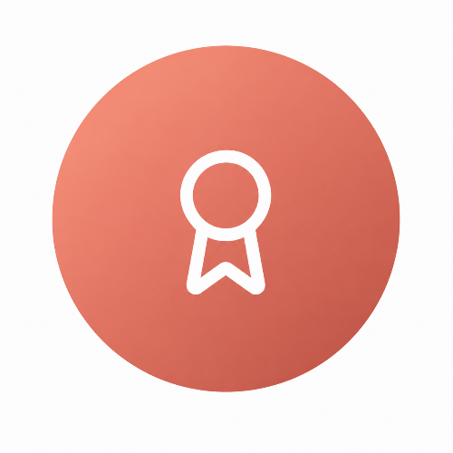 White icon of a ribbon on a red circle with a white border