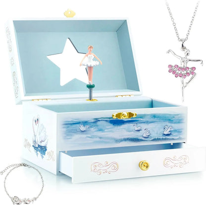 Kids Musical Jewelry Box with Drawer – Ballerina Theme, Swan Lake Tune, Velvet Lining | Girls Keepsake Organizer with Spinning Dancer 🎀