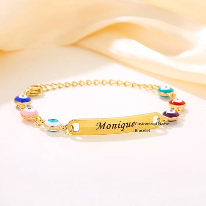 Personalised Name Bracelet with Eye Beads | Custom Engraved Chain Link Friendship Bracelet for Kids!