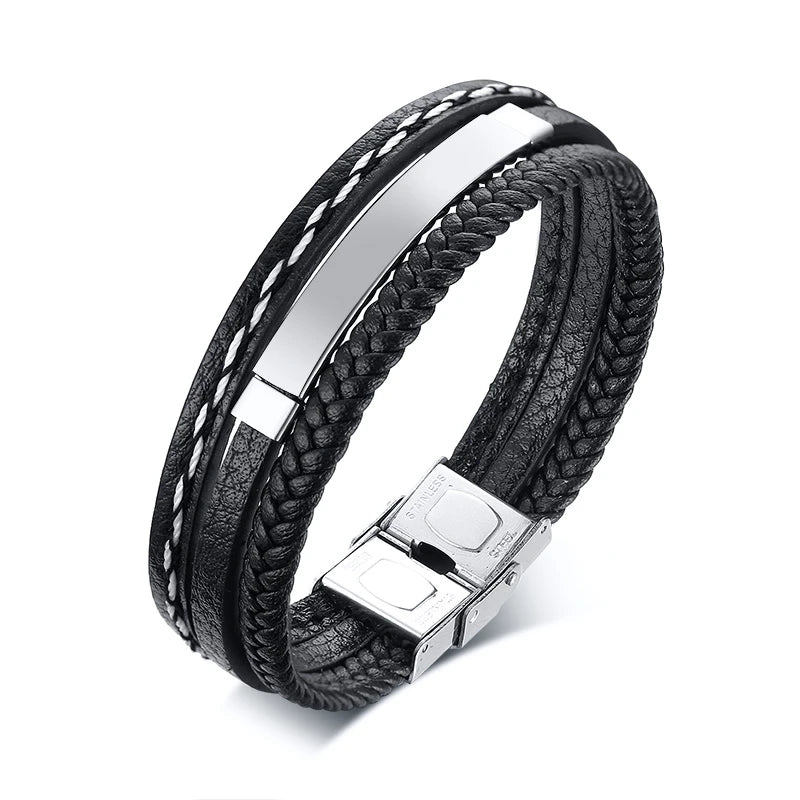 Personalised Stainless Steel Leather Bracelet for Boys & Teens | Engravable Multi-Layer ID Bangle | Birthday Gift!