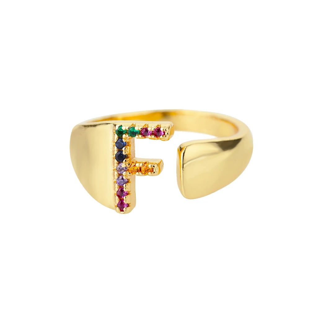 Adjustable Initial Letter Ring 18K Gold Plated | Multi-Colour Zircon Alphabet Ring for Women & Men | Elegant Birthday Gift!