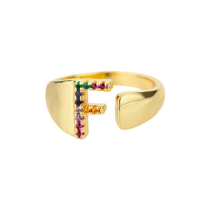Adjustable Initial Letter Ring 18K Gold Plated | Multi-Colour Zircon Alphabet Ring for Women & Men | Elegant Birthday Gift!