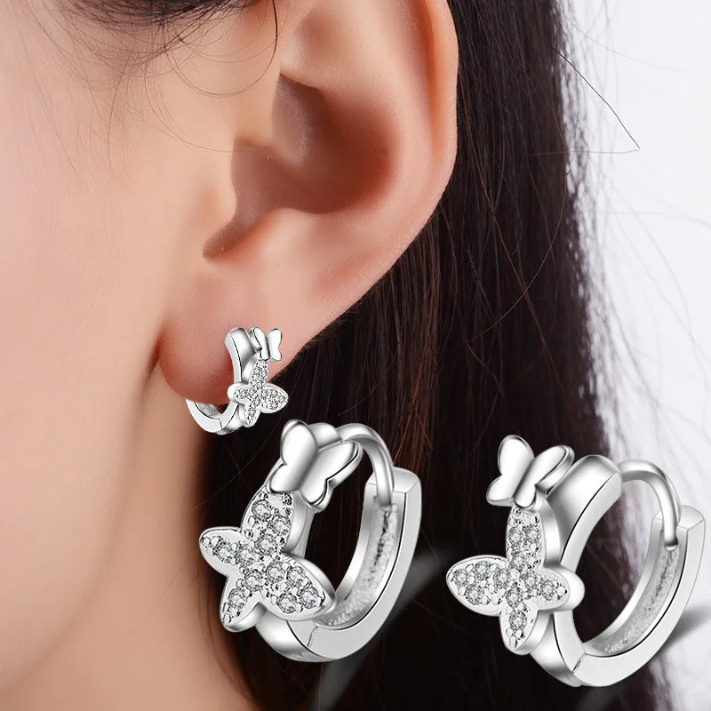 Beautiful 925 Sterling Silver CZ Double Butterfly Hoop Earrings!