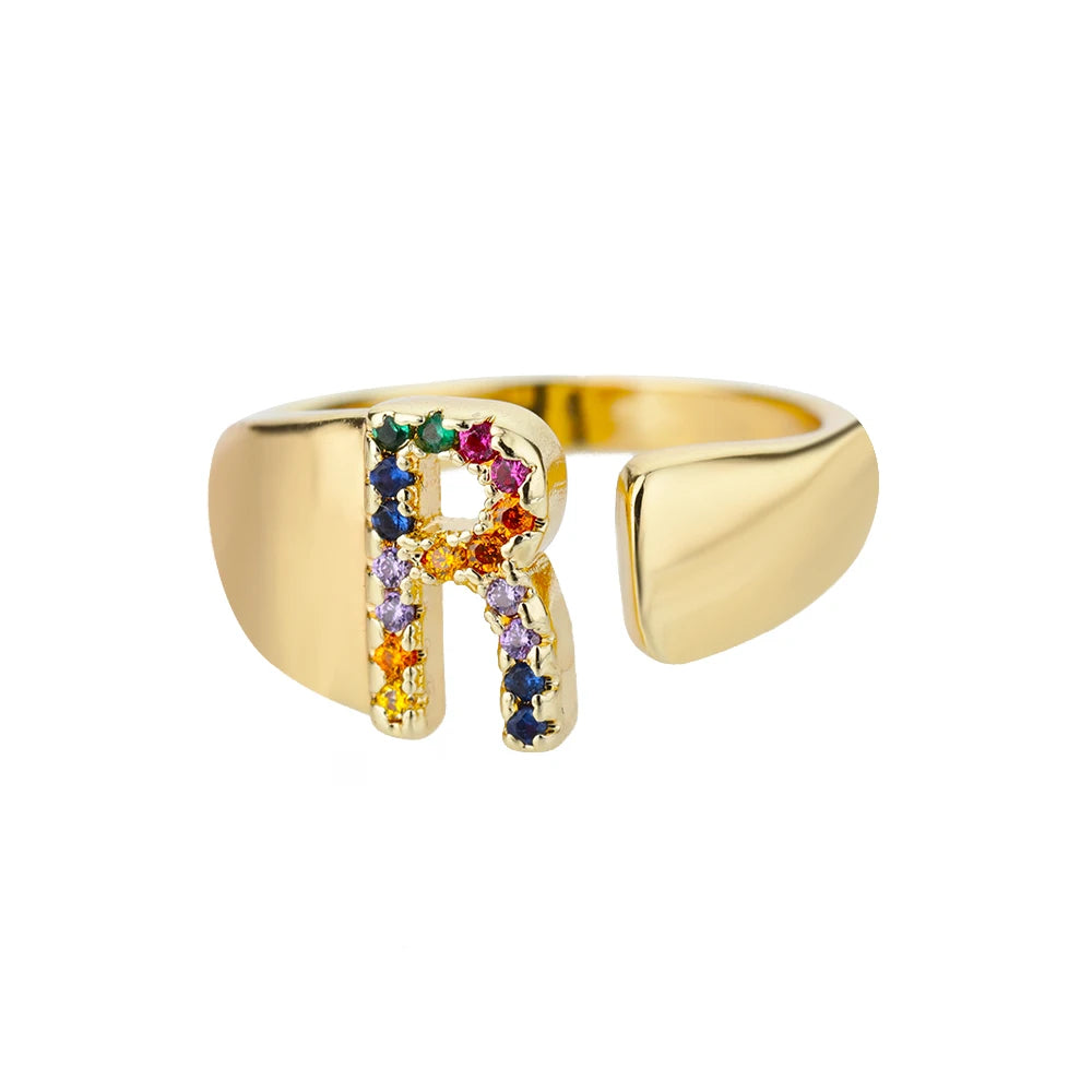 Adjustable Initial Letter Ring 18K Gold Plated | Multi-Colour Zircon Alphabet Ring for Women & Men | Elegant Birthday Gift!