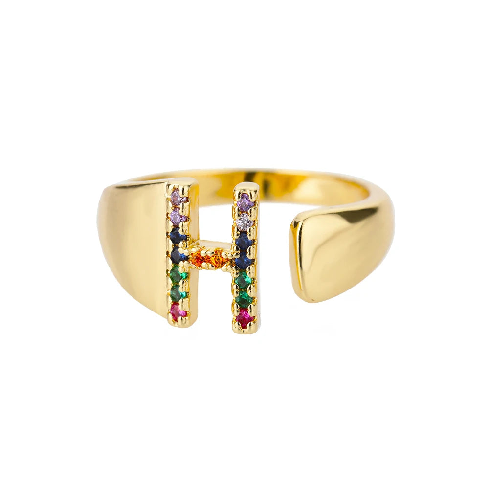 Adjustable Initial Letter Ring 18K Gold Plated | Multi-Colour Zircon Alphabet Ring for Women & Men | Elegant Birthday Gift!