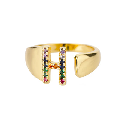 Adjustable Initial Letter Ring 18K Gold Plated | Multi-Colour Zircon Alphabet Ring for Women & Men | Elegant Birthday Gift!