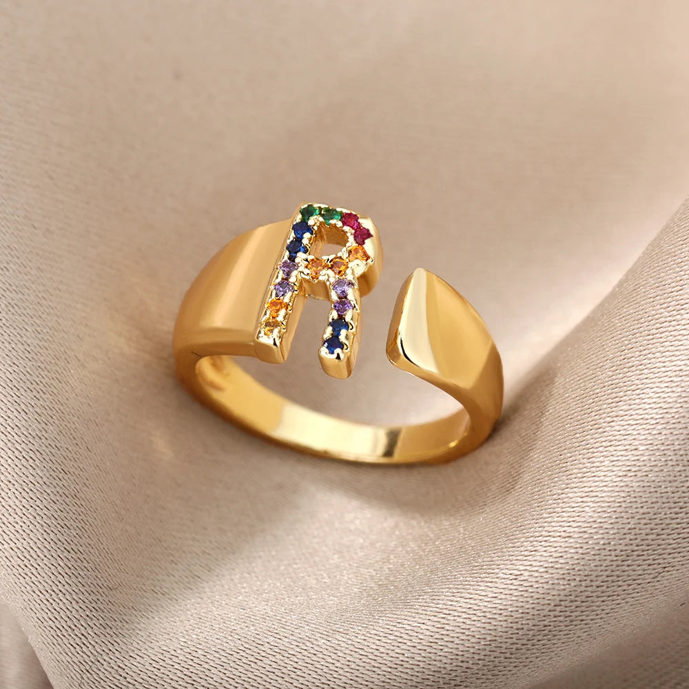 Adjustable Initial Letter Ring 18K Gold Plated | Multi-Colour Zircon Alphabet Ring for Women & Men | Elegant Birthday Gift!