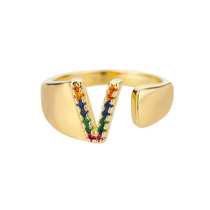 Adjustable Initial Letter Ring 18K Gold Plated | Multi-Colour Zircon Alphabet Ring for Women & Men | Elegant Birthday Gift!