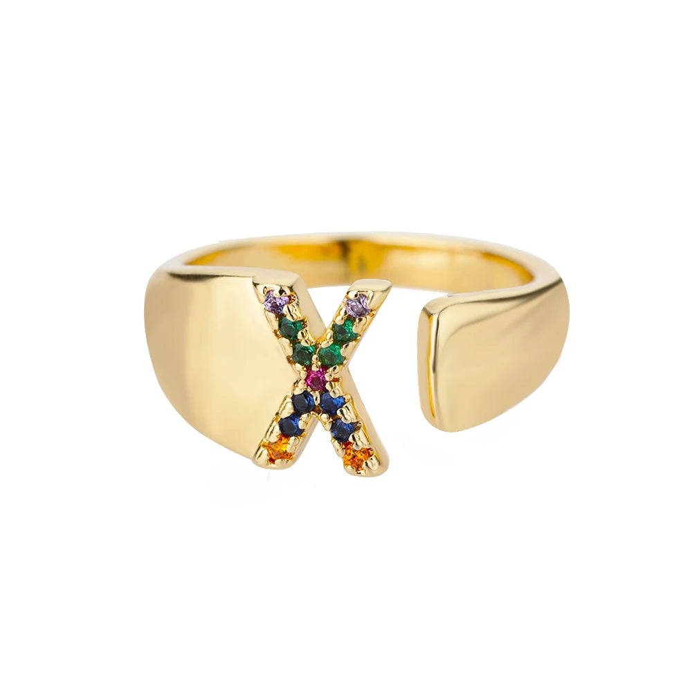 Adjustable Initial Letter Ring 18K Gold Plated | Multi-Colour Zircon Alphabet Ring for Women & Men | Elegant Birthday Gift!