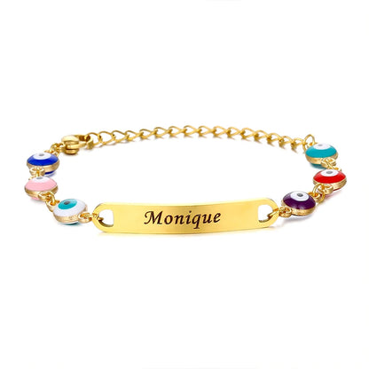 Personalised Name Bracelet with Eye Beads | Custom Engraved Chain Link Friendship Bracelet for Kids!
