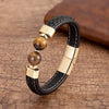 High-Quality Round Stone Beads Boy's Stainless Steel Leather Bracelet!