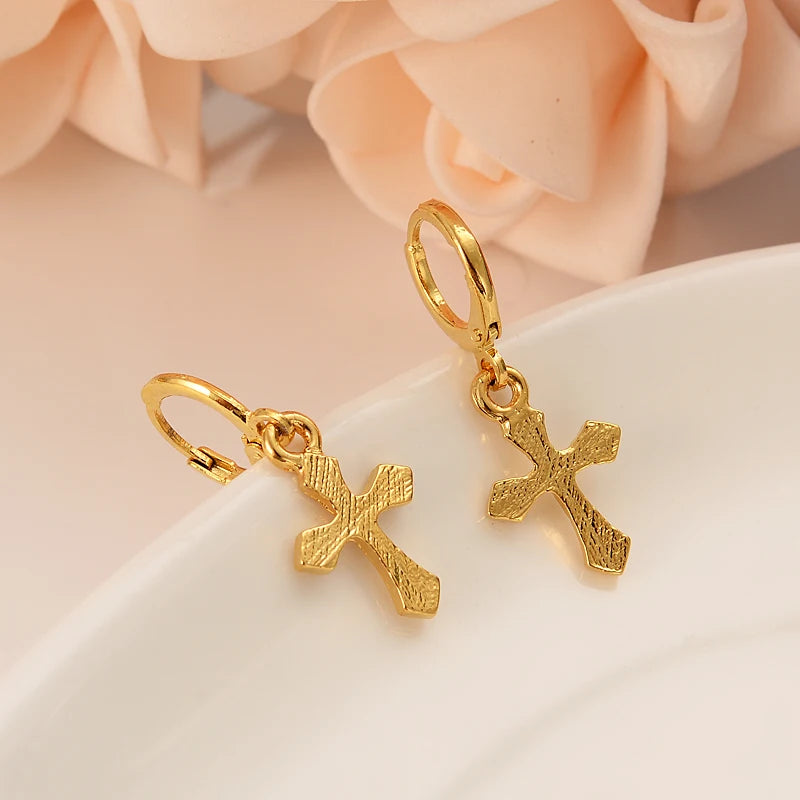 Divine Radiance: 24k Gold Plated Hoop Drop Cross Earrings and Pendant Necklace Set - Perfect Jewelry Gift for Girls, Teens, and Women!
