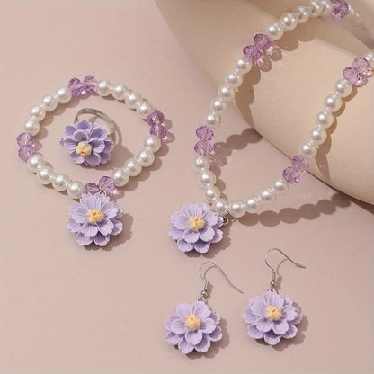 Sweet Imitation Pearl Jewellery Set for Teens | Flower Pendant Necklace, Bracelet, Earrings & Adjustable Ring Gift!