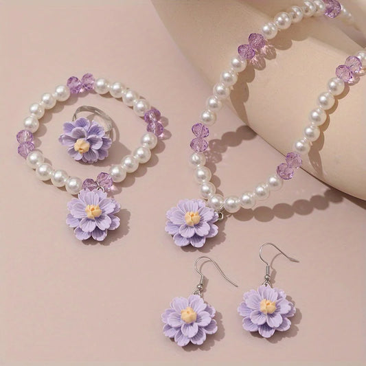 Sweet Imitation Pearl Jewellery Set for Teens | Flower Pendant Necklace, Bracelet, Earrings & Adjustable Ring Gift!