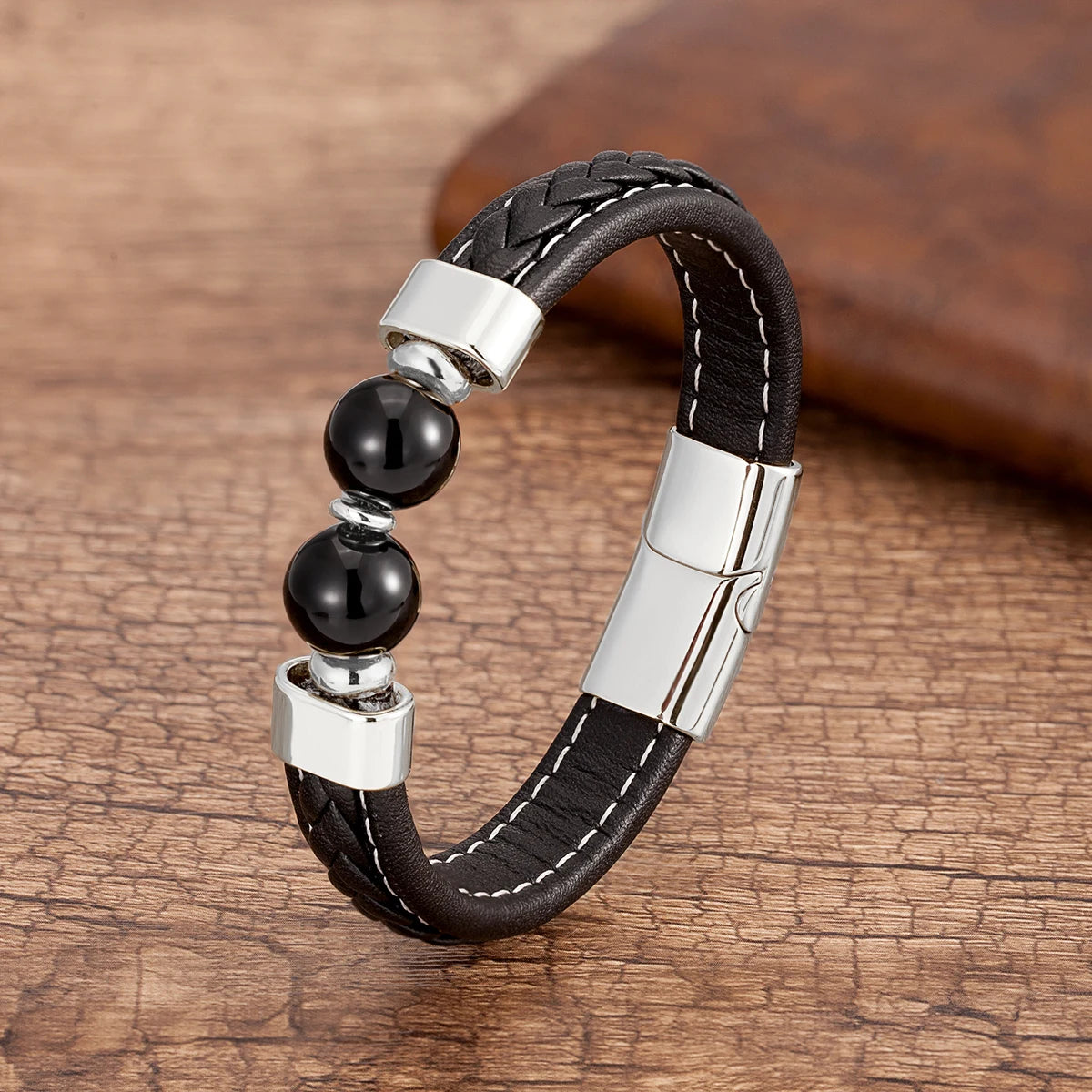 High-Quality Round Stone Beads Boy's Stainless Steel Leather Bracelet!
