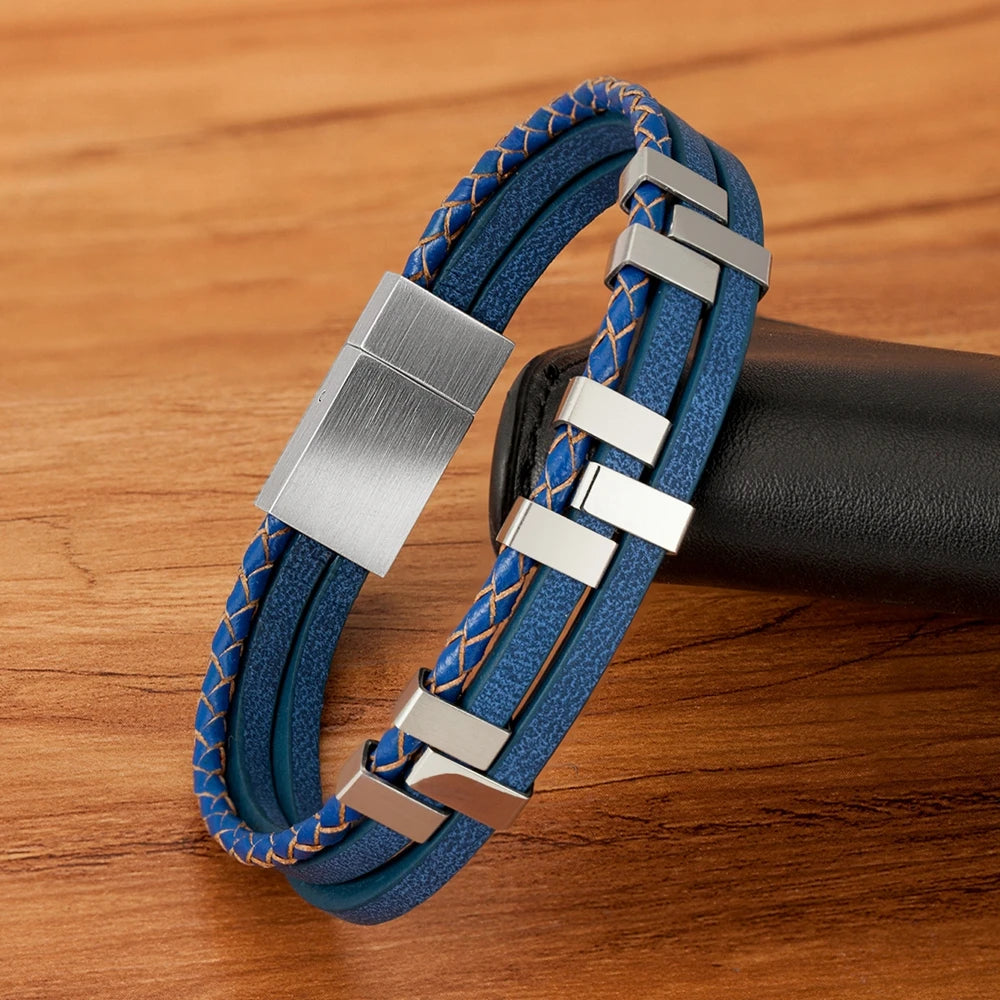 Elevate His Style: Stainless Steel Three-Layer Stitching Genuine Leather Bracelet for Boys!