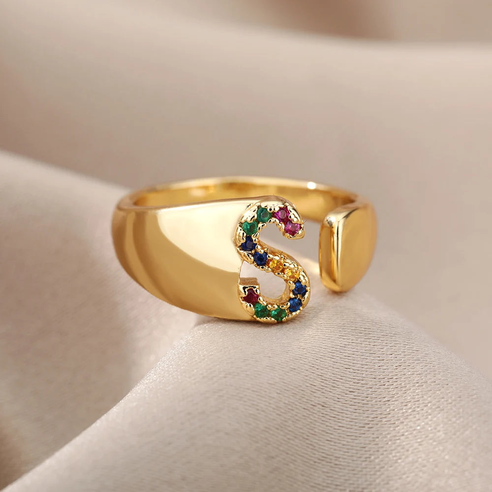 Adjustable Initial Letter Ring 18K Gold Plated | Multi-Colour Zircon Alphabet Ring for Women & Men | Elegant Birthday Gift!