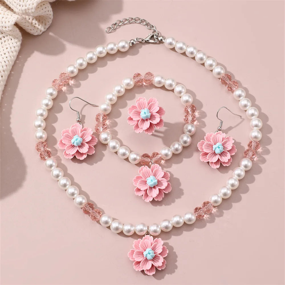Sweet Imitation Pearl Jewellery Set for Teens | Flower Pendant Necklace, Bracelet, Earrings & Adjustable Ring Gift!