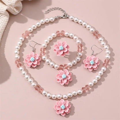 Sweet Imitation Pearl Jewellery Set for Teens | Flower Pendant Necklace, Bracelet, Earrings & Adjustable Ring Gift!
