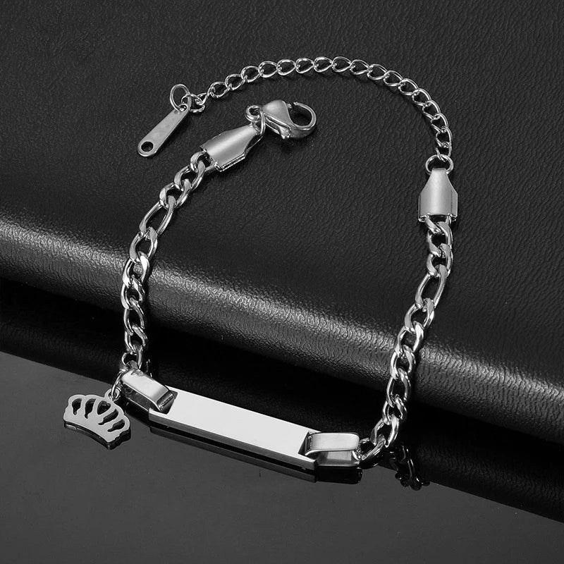 Unisex Stainless Steel Baby Name Bracelet with Crown Charm – Personalized Custom Engraved Adjustable ID Bracelet for Kids